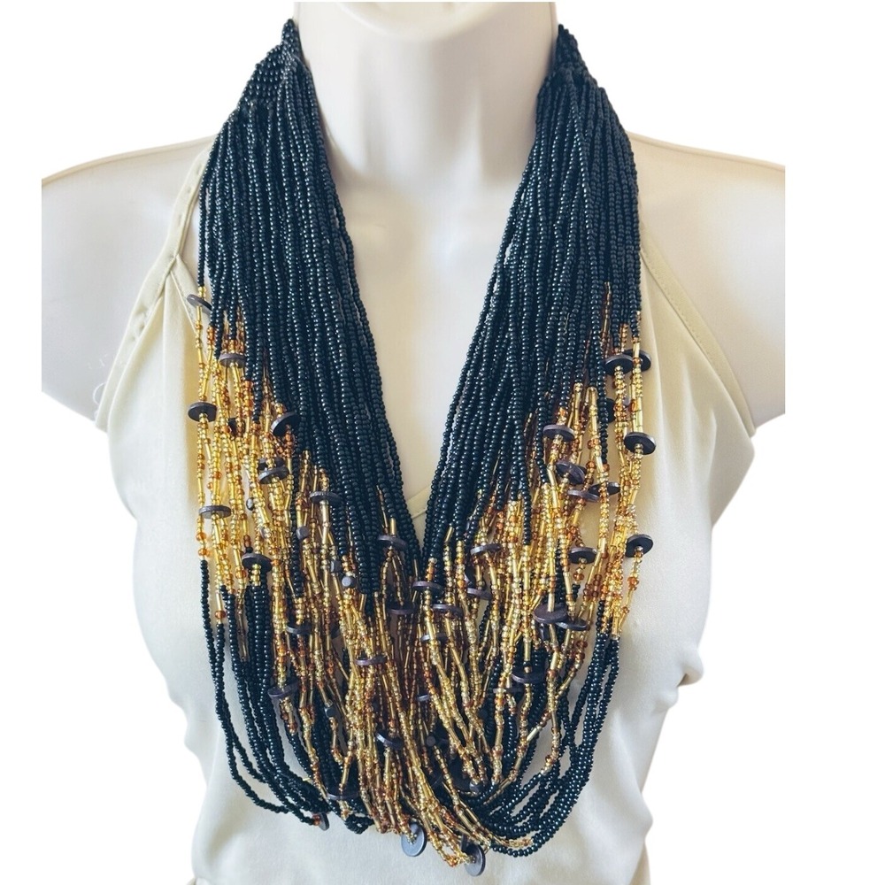 VTG glass Necklace Beaded Collar Abacus Original Statement Regal Gold Black Rare